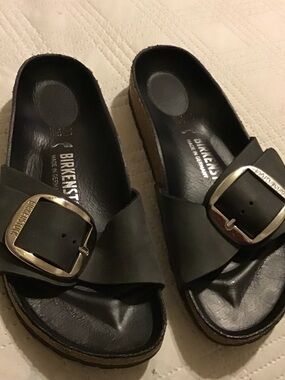 Birkenstock Black Single-Buckle Slide Sandals with Gold Buckles